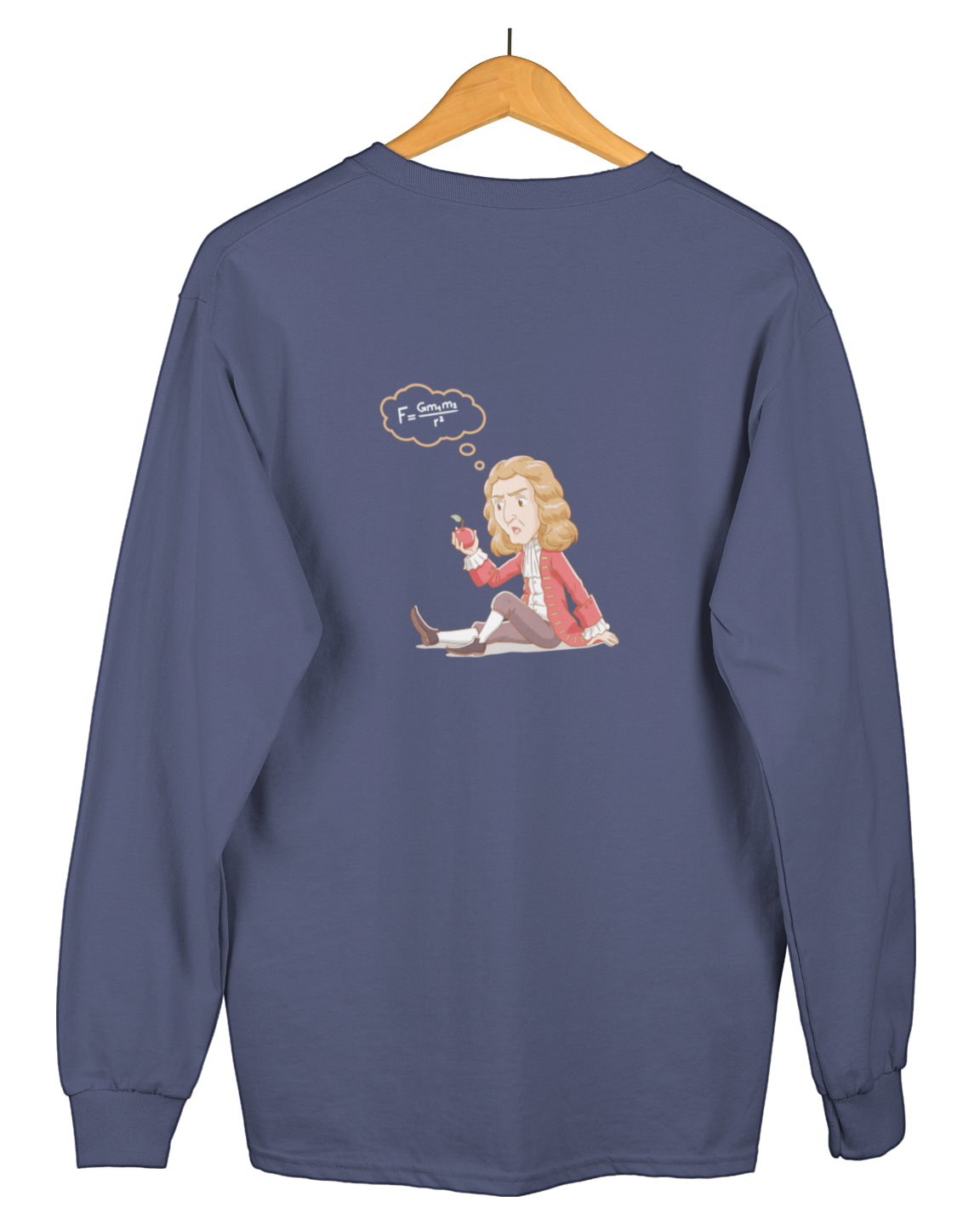 Navy blue sweatshirt showcasing a humorous Newton design and his gravitational force equation, ideal for physics lovers and science buffs.