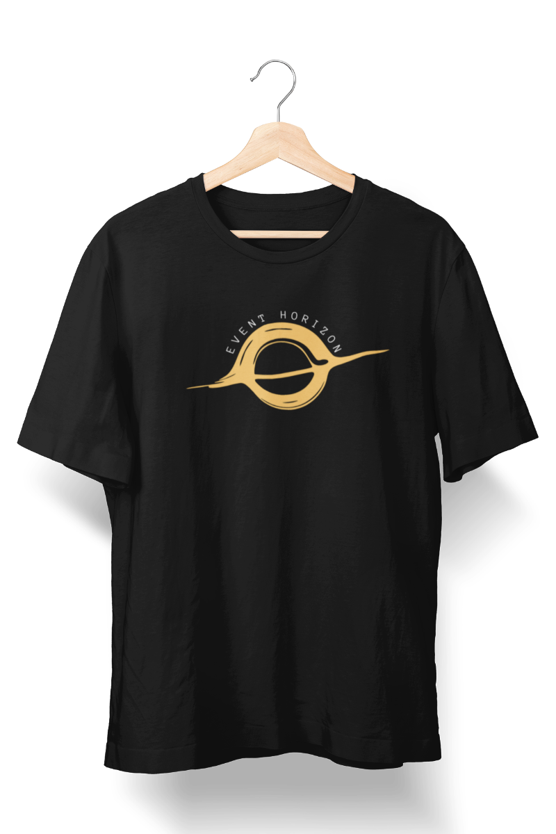 Black space-themed t-shirt featuring an Event Horizon design with a black hole graphic, perfect for space enthusiasts and science lovers.