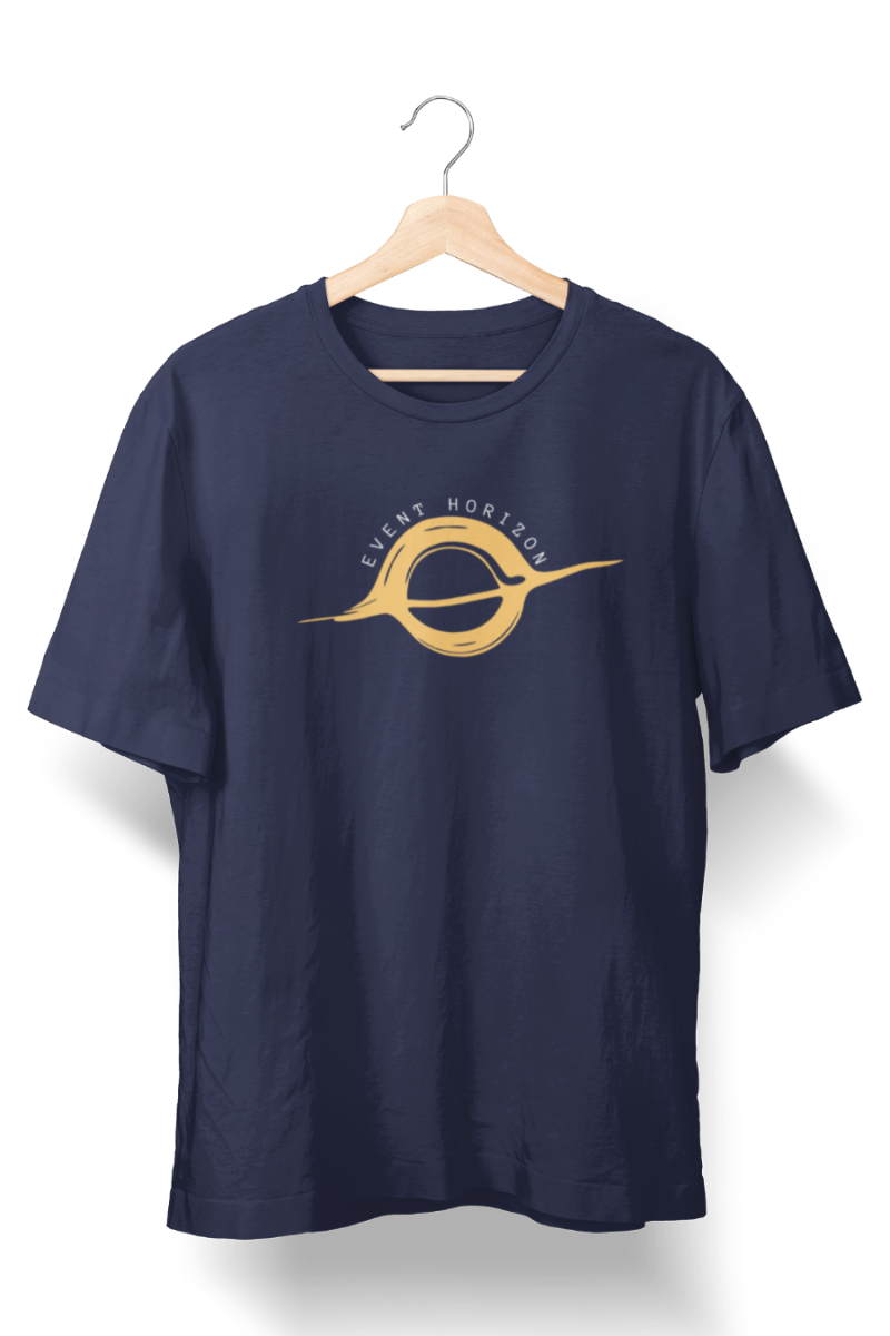 navy blue space-themed t-shirt featuring an Event Horizon design with a black hole graphic, perfect for space enthusiasts and science lovers.