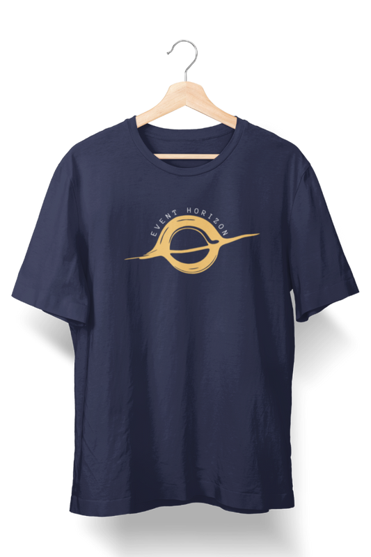 navy blue space-themed t-shirt featuring an Event Horizon design with a black hole graphic, perfect for space enthusiasts and science lovers.