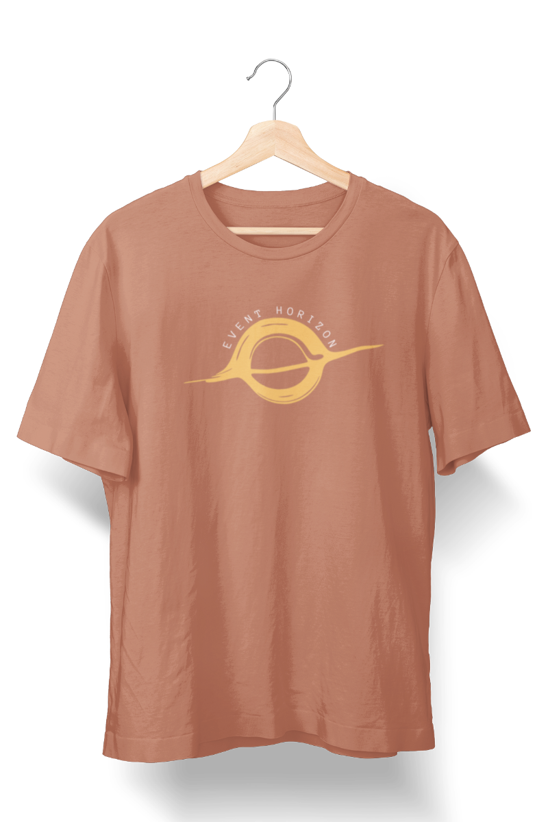 copper space-themed t-shirt featuring an Event Horizon design with a black hole graphic, perfect for space enthusiasts and science lovers.