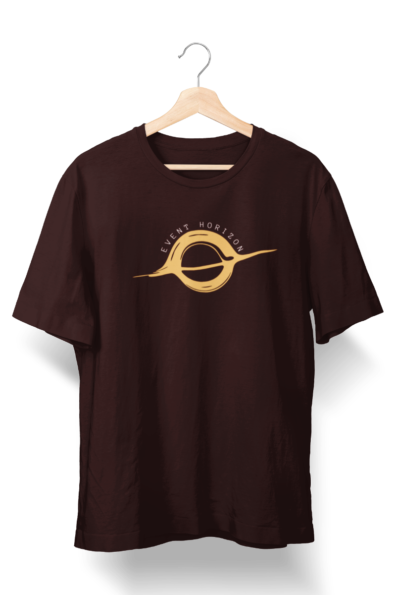 maroon space-themed t-shirt featuring an Event Horizon design with a black hole graphic, perfect for space enthusiasts and science lovers.